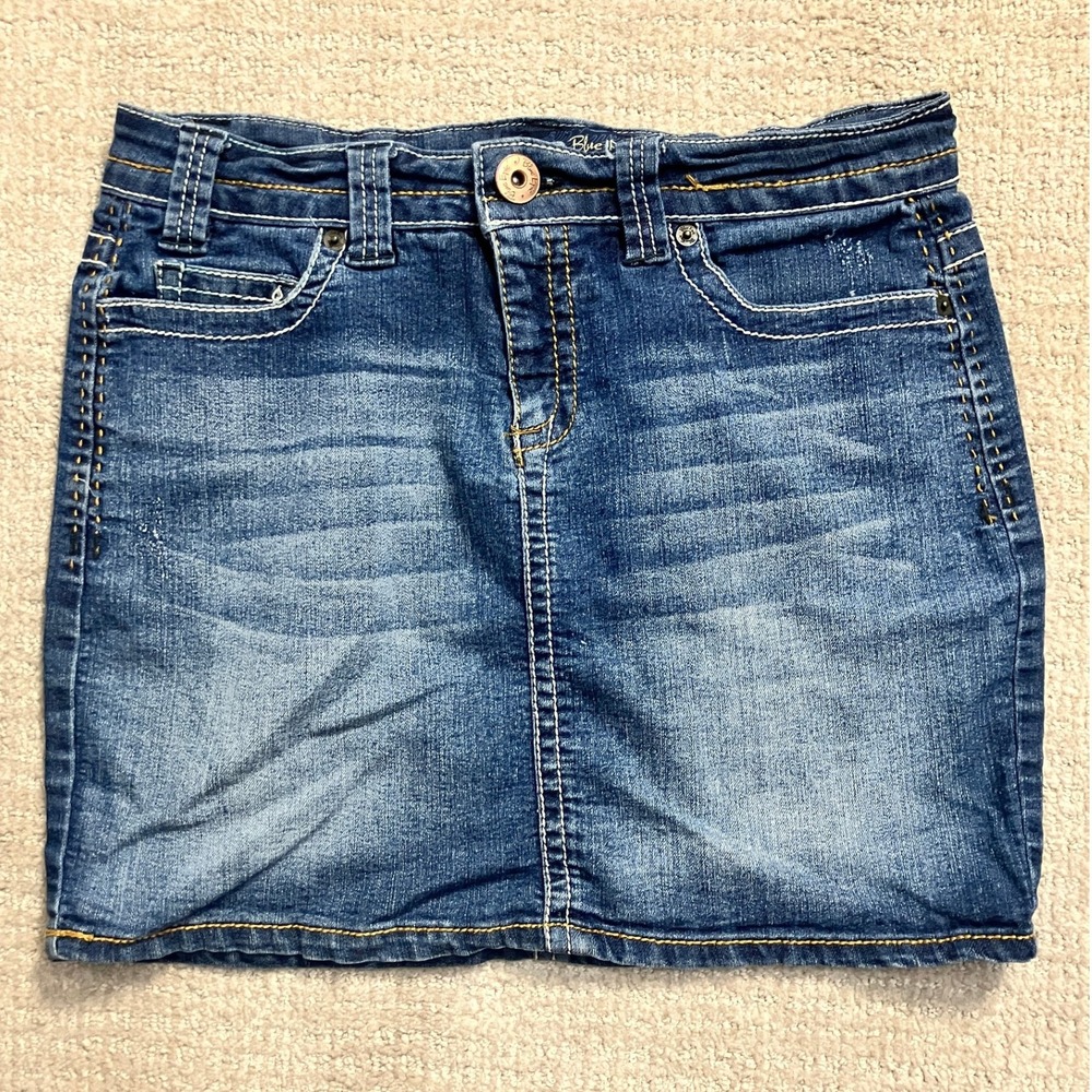 Blue Epic Denim Mini Skirt Embroidered Pockets Stretch Casual Blue Size 6‎